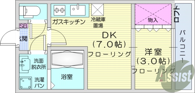 1DK、フローリング、バルコニー、エアコン