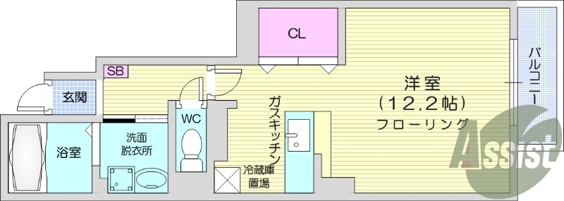 1R、カウンターキッチン、バルコニー、独立洗面台、エアコン