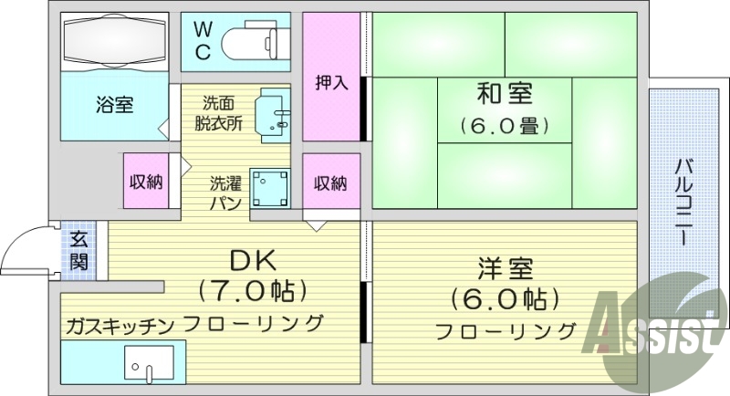 2DK、追い焚き、収納、独立洗面台、ウォシュレット、エアコン