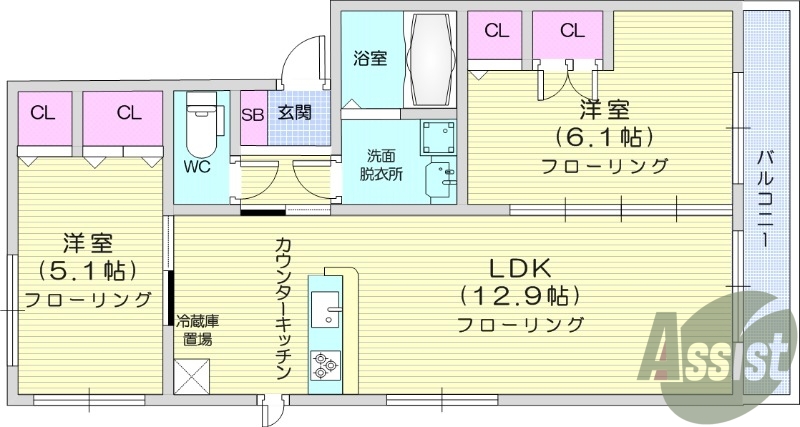 ２LDK、浴室乾燥機、室内洗濯機置場、温水洗浄便座