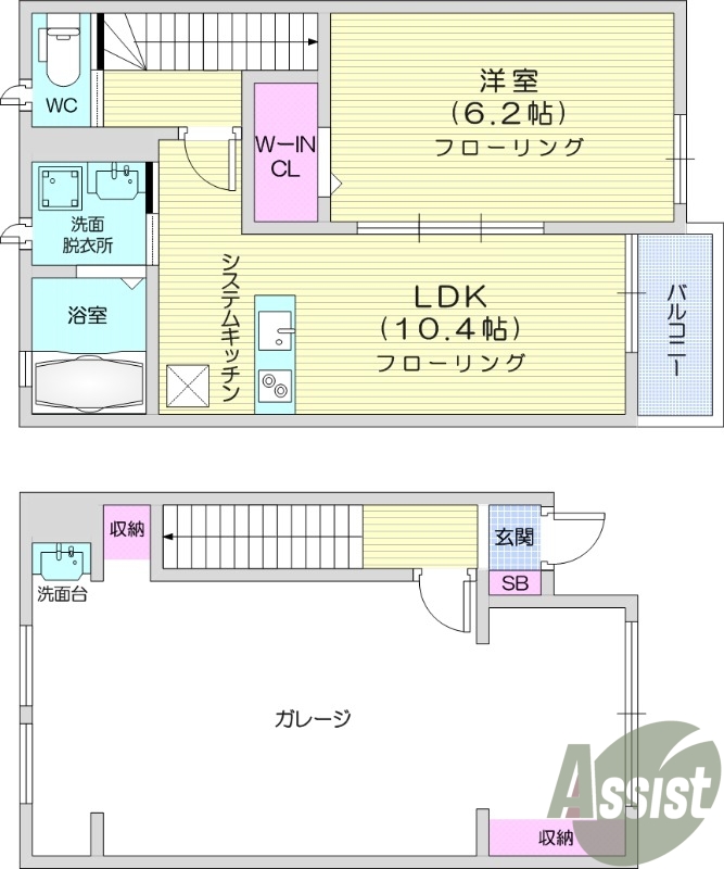 1LDK、ガレージ付、浴室乾燥機付き、バルコニー。