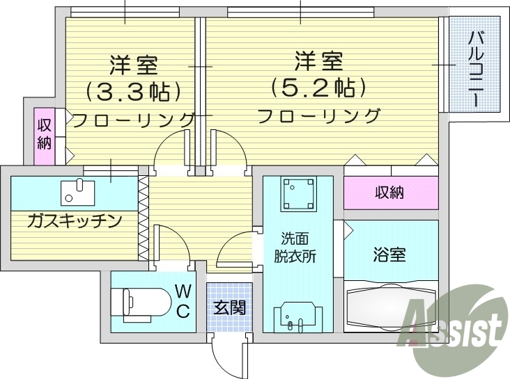 2K、エアコン付き、都市ガス、収納スペース