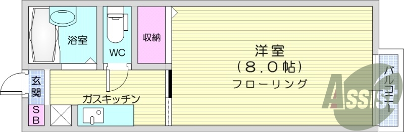 1K、洋室8帖、エアコン付き、角部屋、インターネット無料