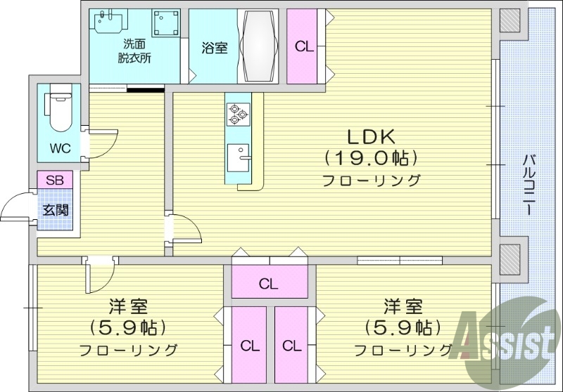 2LDK、オートロック、カメラ付きインターフォン