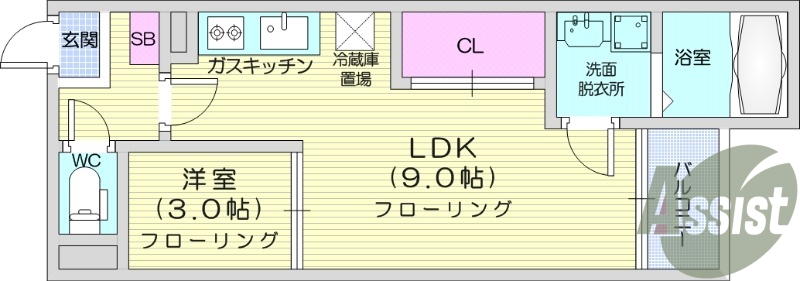 1LDK、浴室乾燥機、追い焚き、独立洗面台、オートロック