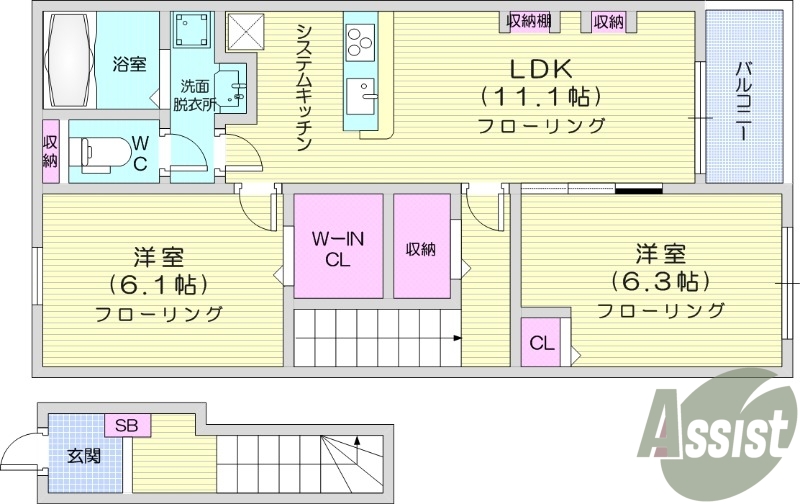 2LDK、インターネット無料、ウォークインクローゼット付き