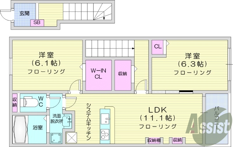 2LDK、インターネット無料、ウォークインクローゼット付き