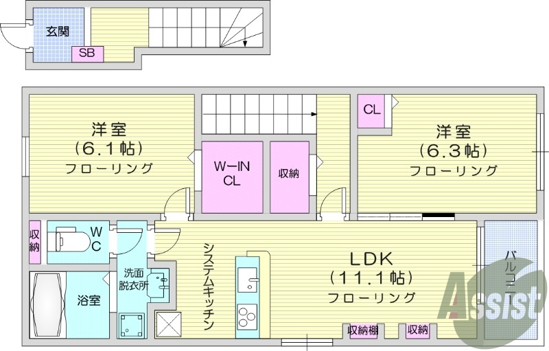 2LDK、インターネット無料、ウォークインクローゼット付き