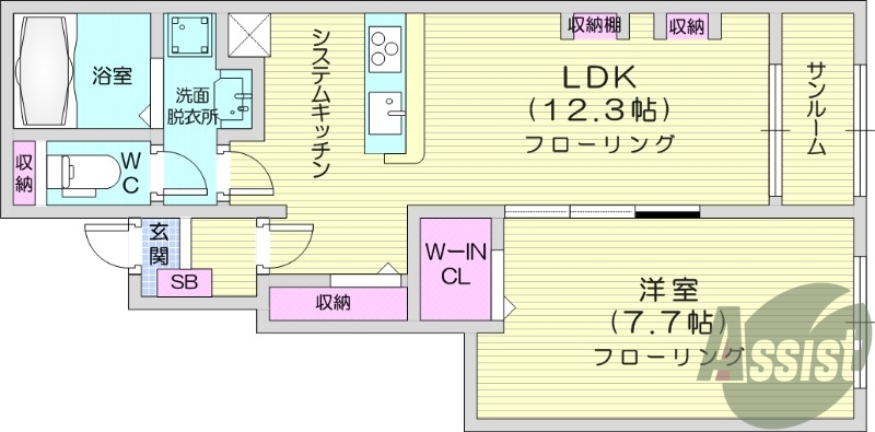 1LDK、インターネット無料、ウォークインクローゼット