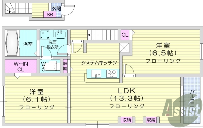 2LDK、インターネット無料、ウォークインクローゼット付き