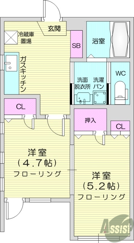 2K、独立洗面台、温水洗浄便座、角部屋、室内物干し