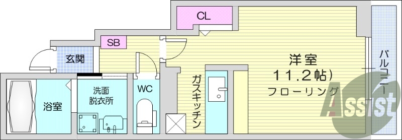 1R、バルコニー、南向き、浴室乾燥機、バストイレ別、エアコン