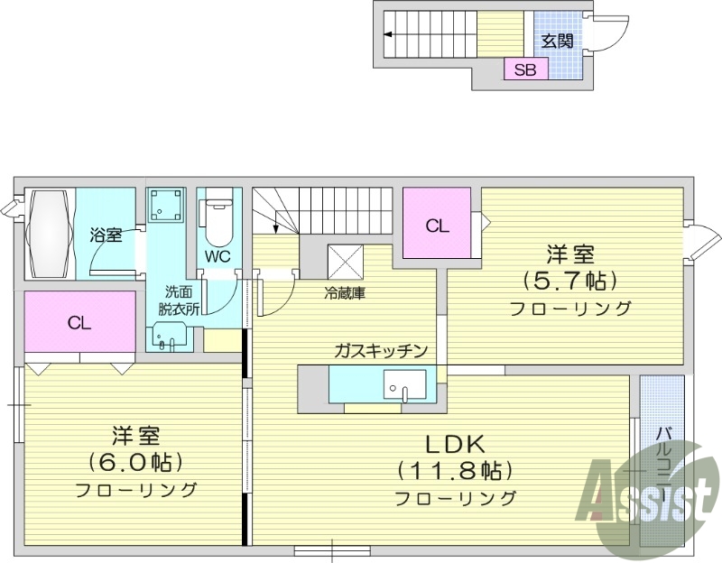 2LDK、南向き、浴室乾燥機、追い焚き給湯、バルコニー
