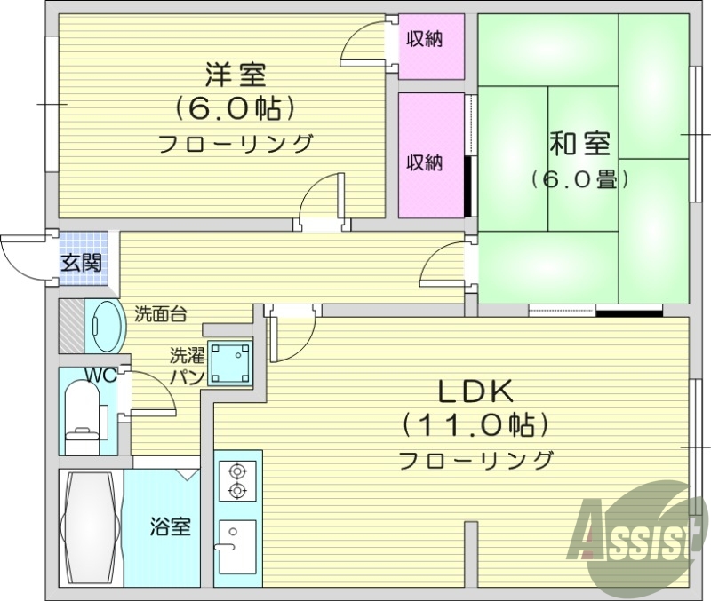 2LDK、バストイレ別、温水洗浄便座、洗面台