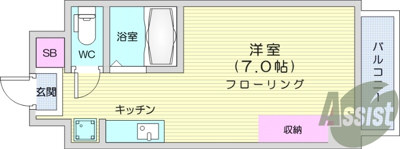 ワンルーム、バルコニー、風呂トイレ別、ウォシュレット。