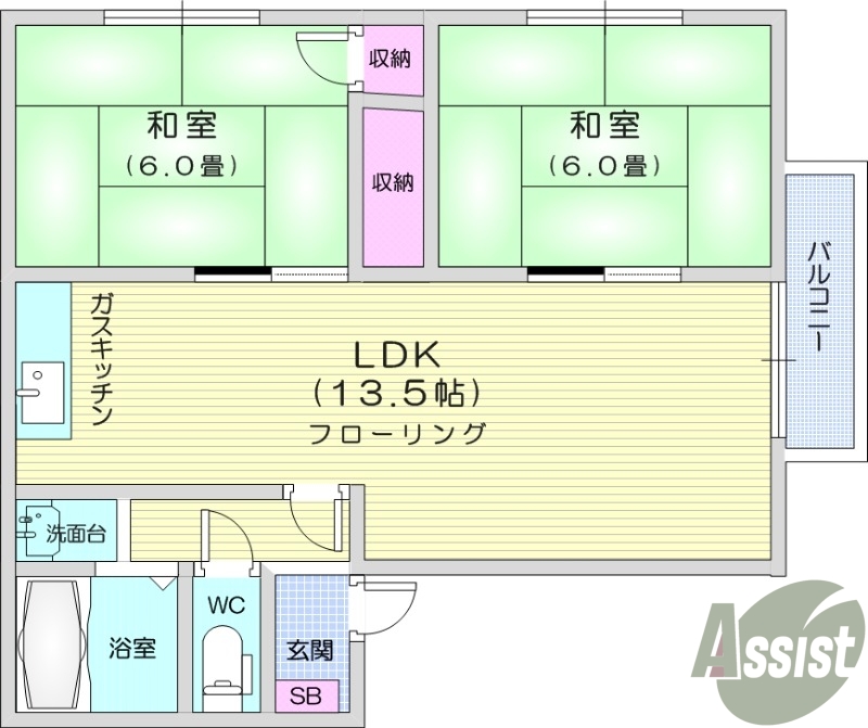 2LDK、都市ガス、角部屋、独立洗面台、南向き