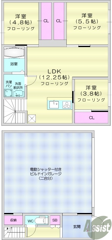 3LDK、追い焚き機能付き、1階にガレージつき