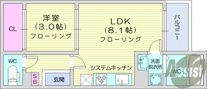 1LDK、オートロック、インターネット無料、エアコン付き