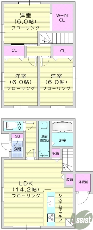 3LDK、メゾネット、エアコン3台、システムキッチン