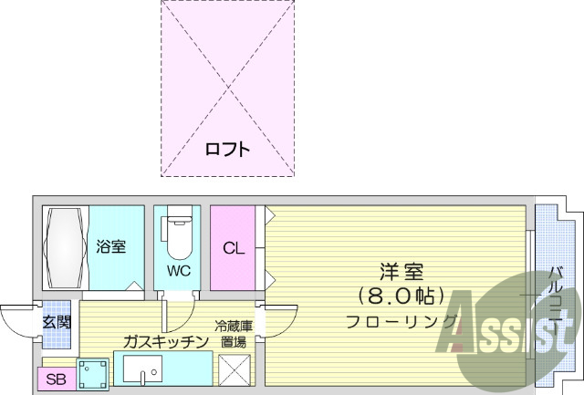１K、ロフト付き、バス・トイレ別、シューズボックス