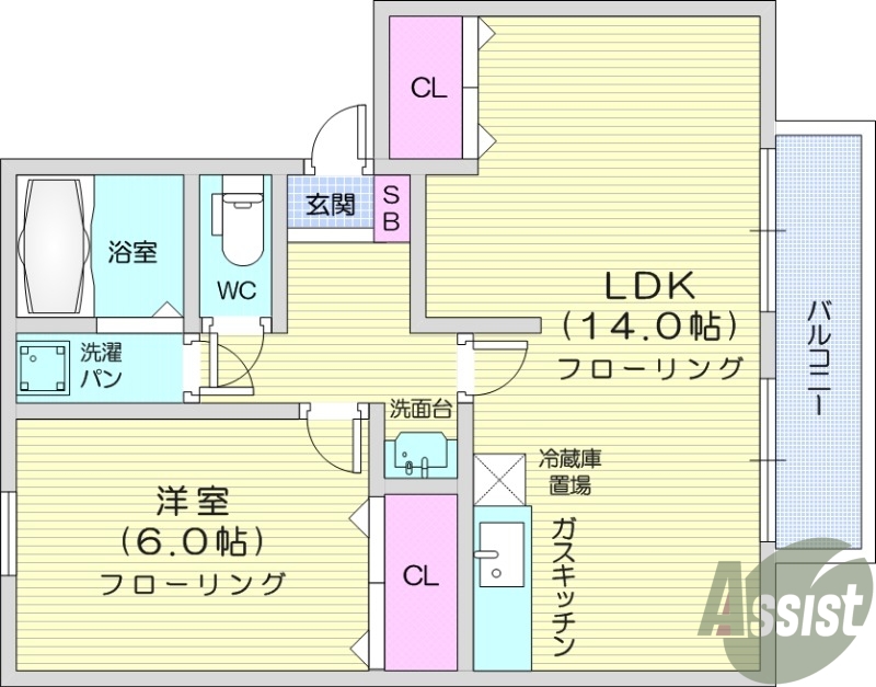 1LDK、システムキッチン、独立洗面台、追い焚き機能