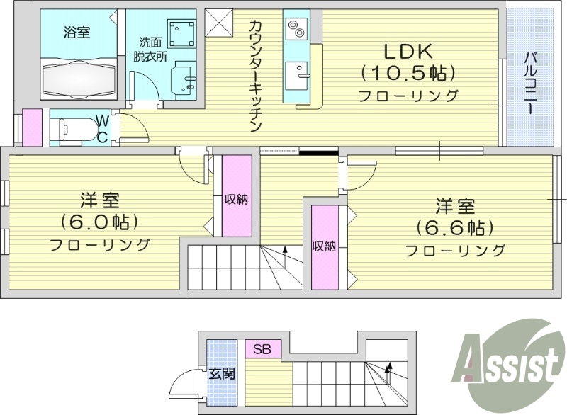 2LDK、角部屋、南向き、エアコン設置済み