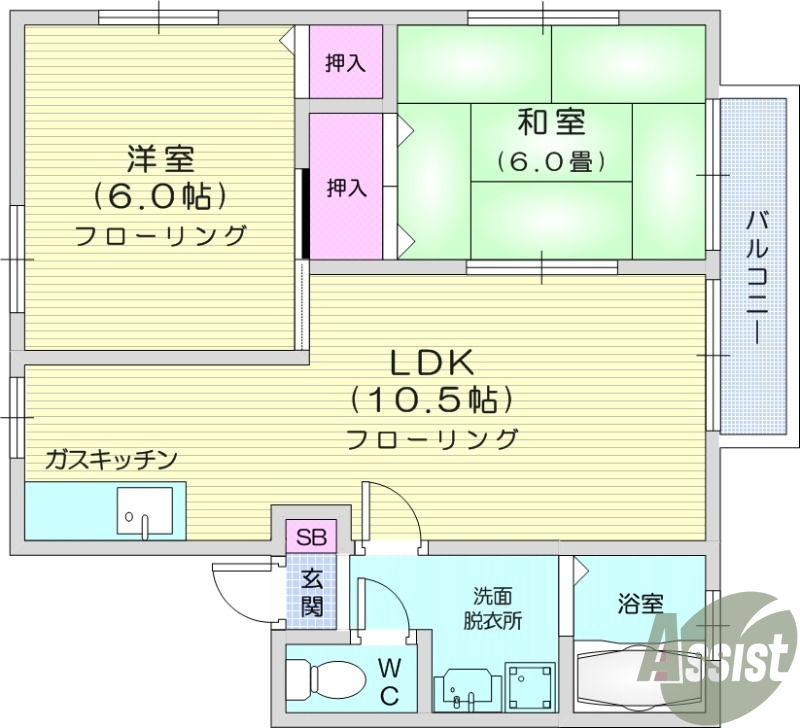 2LDK　南向き　独立洗面台　トランクルーム　エアコン