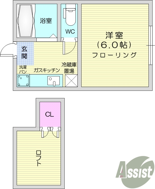 1K、フローリング、バストイレ別、ロフト、東向き