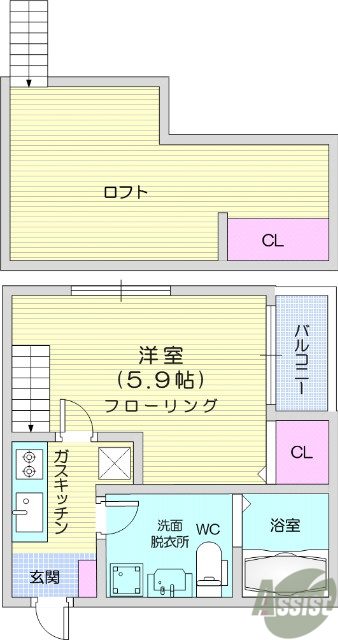 1R＋ロフト、システムキッチン、独立洗面台