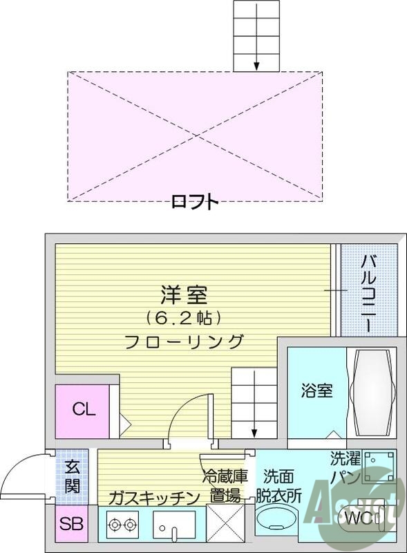 1Ｋ、バストイレ別、モニタ付きインターホン、温水洗浄便座