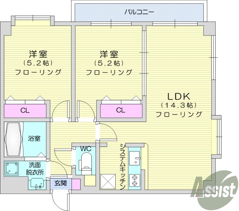 2ＬＤＫ、システムキッチン、独立洗面、エアコン