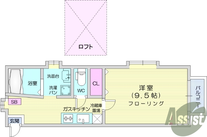 １K、ロフト付き、駐車場無料、独立洗面台