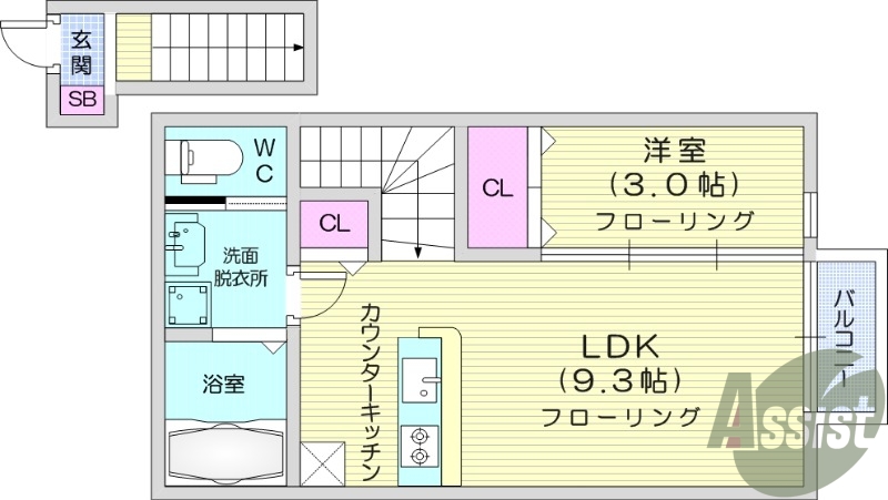 1LDK、フローリング、モニター付きインターホン