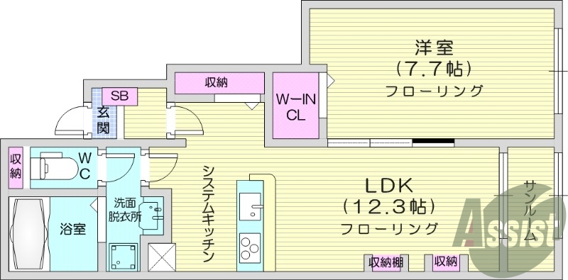 1LDK、インターネット無料、ウォークインクローゼット