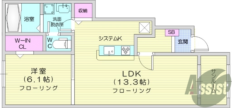 1LDK、インターネット無料、ウォークインクローゼット付き