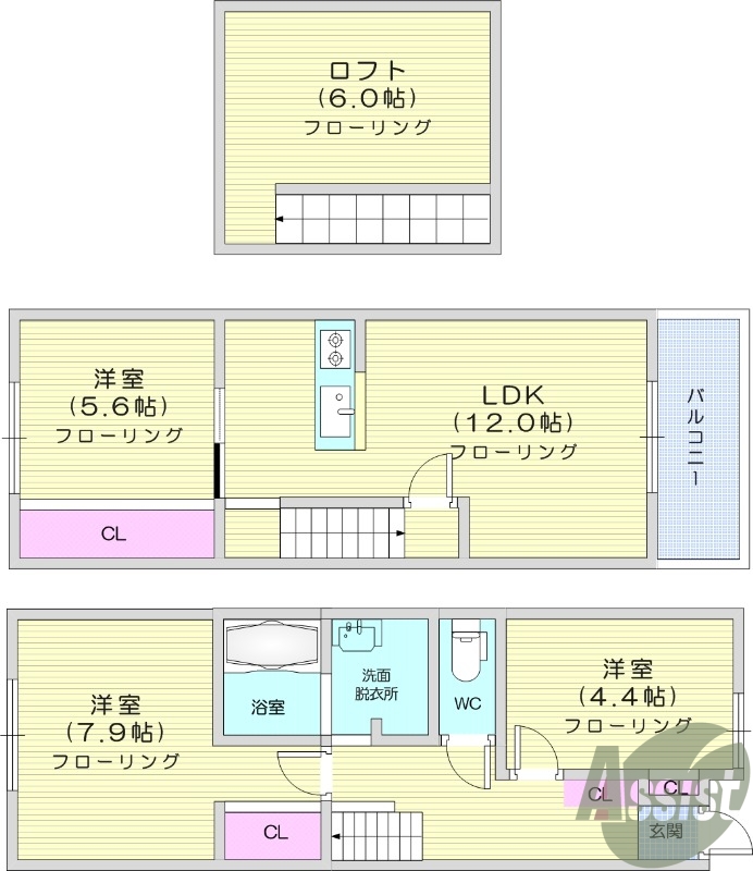 3LDK、メゾネット、追い焚き、インターネット無料