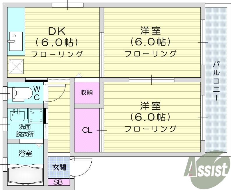 2DK、エアコン、室内洗濯機置場、トイレ浴室別、収納