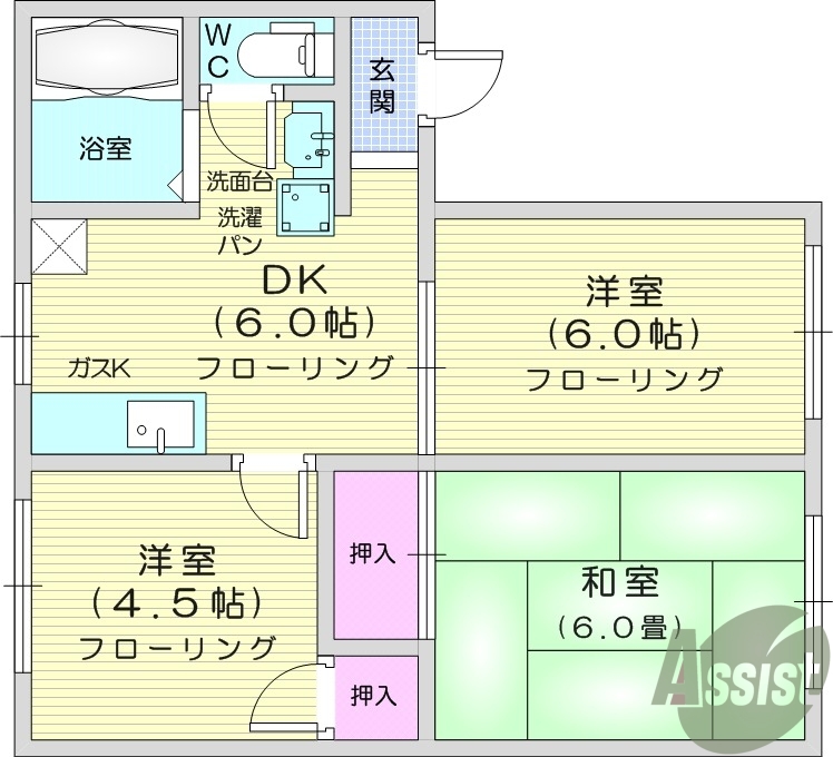 3DK、バストイレ別、独立洗面化粧台、エアコン2基