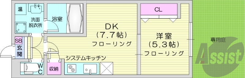 1DK、浴室乾燥機、IHコンロ、TVモニターホン、専用庭