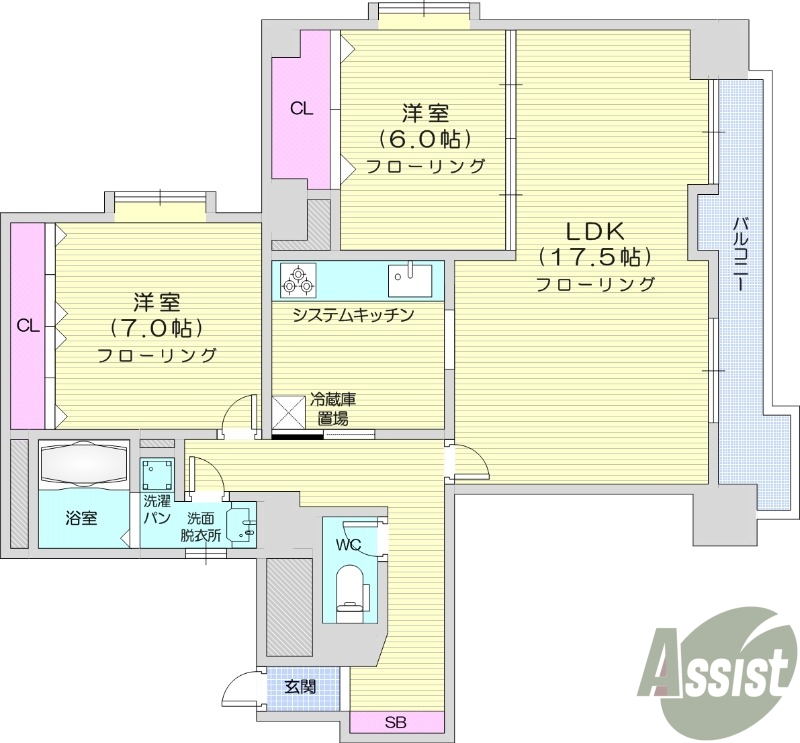 2LDK、システムキッチン、エアコン、オートロック