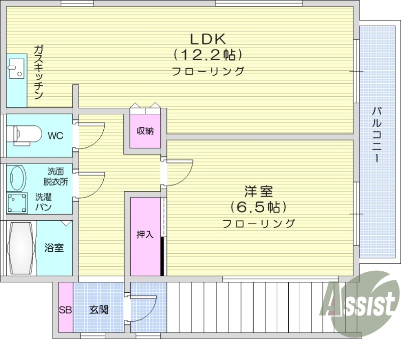 1LDK、南向き、都市ガス、ペット相談可能、エアコン