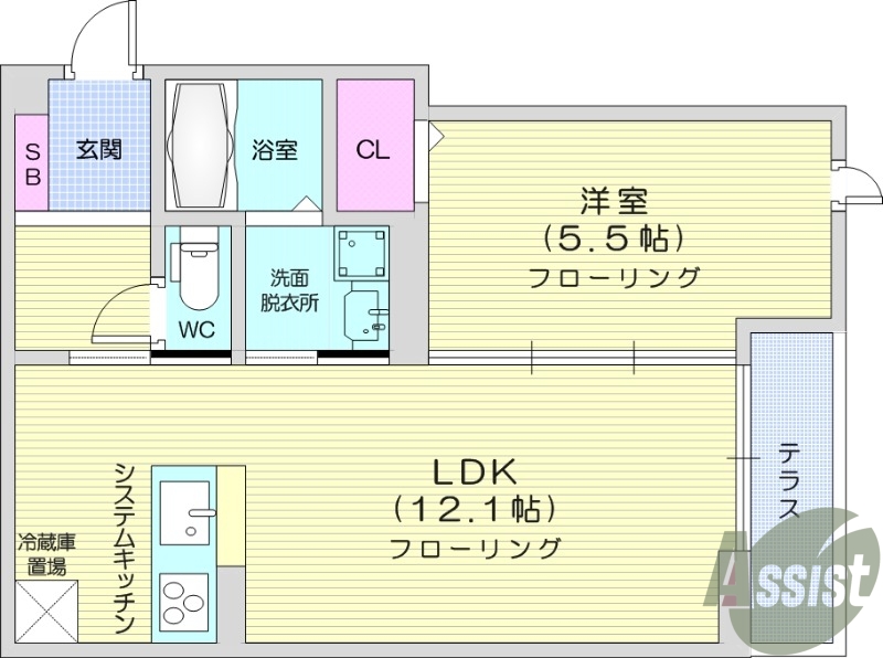 1LDK、カウンターキッチン、都市ガス、オートロック付、
