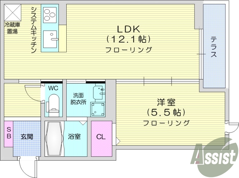 1LDK、カウンターキッチン、都市ガス、オートロック付