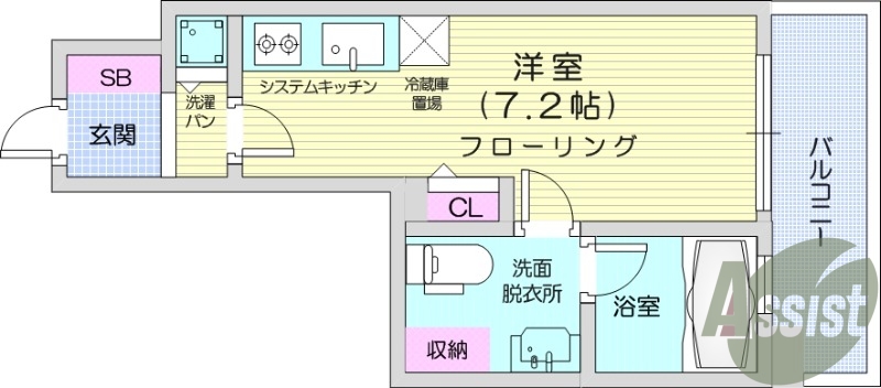 1R、システムキッチン、浴室乾燥機、オートロック