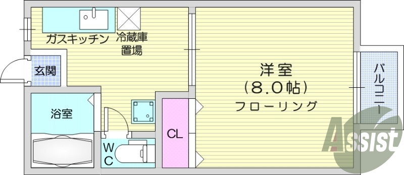 1*、洋室、バルコニー、ガスキッチン、東向き