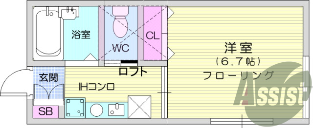 １K、ロフト付き、風呂トイレ別、電気コンロ付き