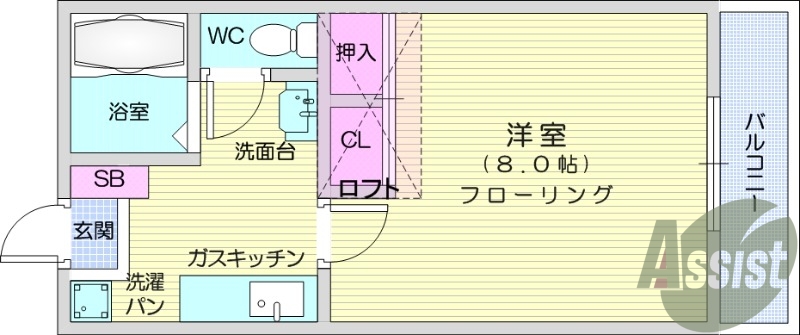 1K、給湯、エアコン、シャンプードレッサー、インターホン