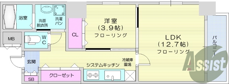 1LDK、2面採光、角部屋、浴室乾燥、家具家電付き