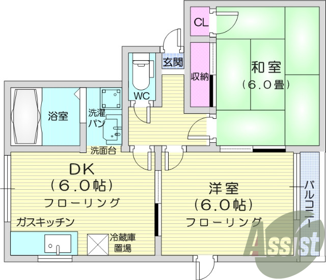 2DK、独立洗面台、エアコン、インターホン