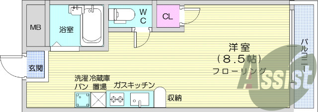 1R、バストイレ別、室内洗濯機置き場、エアコン